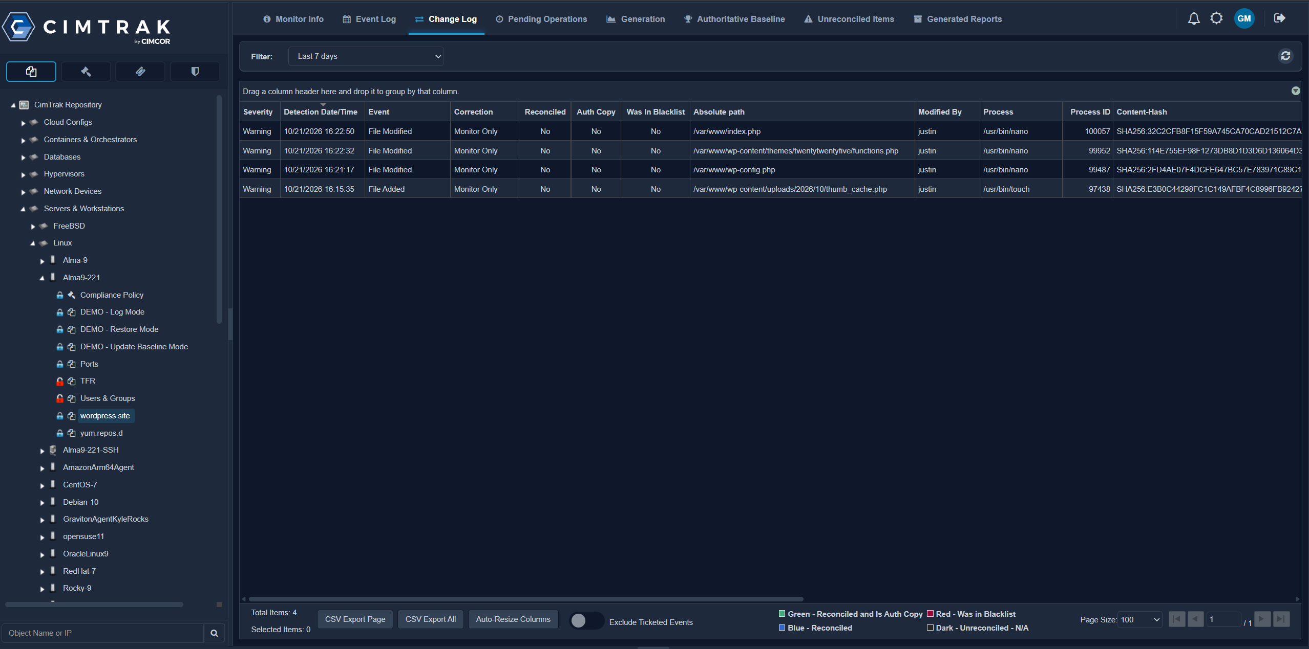 Figure 4: All rogue changes that have been written to the disk by the php2shell exploit have been detected by CimTrak in realtime.&nbsp;&nbsp; This screen shows CimTrak in the monitoring mode. CimTrak can also be configured to automatically rollback these unexpected changes.