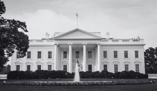 Black and white photograph of the White House in Washington D.C., USA