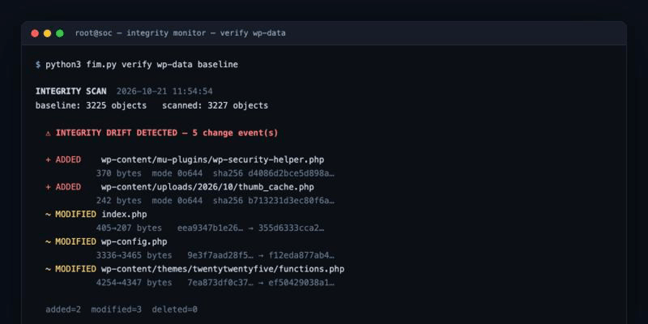 Figure 3 — Real integrity-scan output: 5 change events (2 added, 3 modified), each with before/after SHA-256 fingerprints.