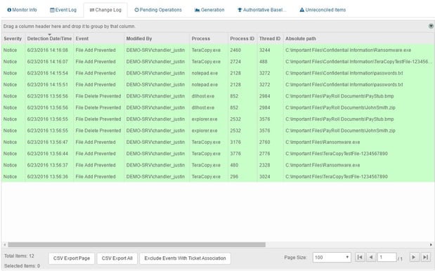 CimTrak Event Log with Deny Access Mode enabled.