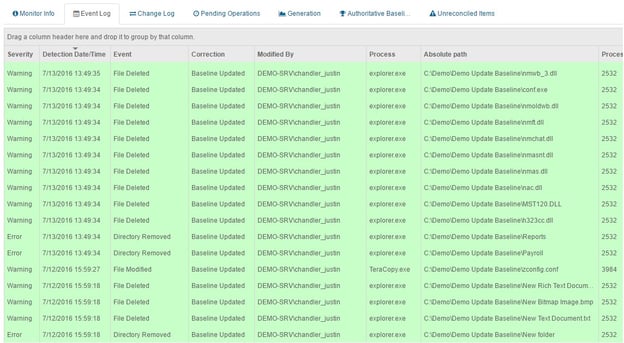 CimTrak Event Log with Update Baseline Mode enabled.