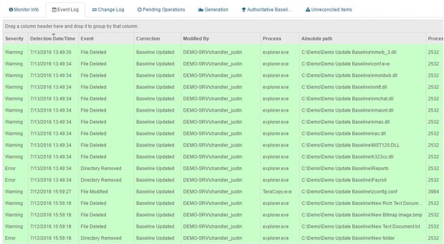 CimTrak Event Log with Update Baseline Mode enabled.