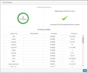 CimTrak File Analysis example output for a file with no threats.